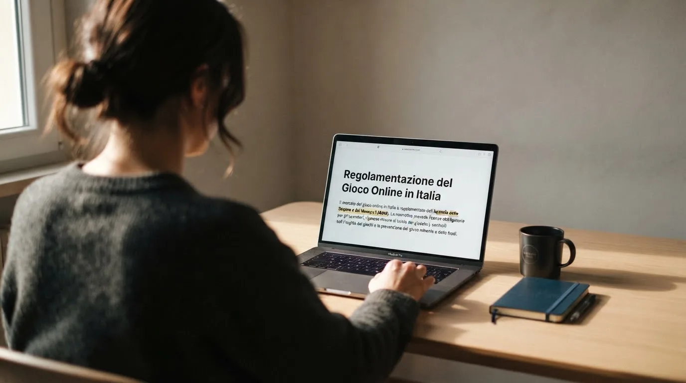 Persona davanti a un portatile che legge una pagina informativa sul gioco online in Italia — 100 giri gratis senza deposito