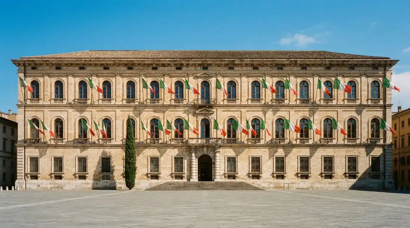 Palazzo istituzionale con bandiere al vento in una piazza soleggiata — 100 giri gratis senza deposito