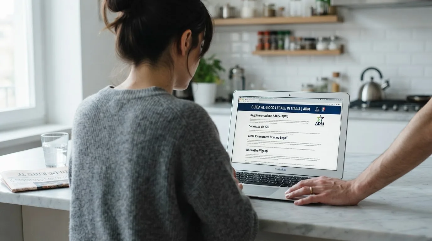 Persona davanti a un portatile che legge una pagina informativa sul gioco online in Italia — 25, 30, 50, 100, 200 giri gratis senza deposito