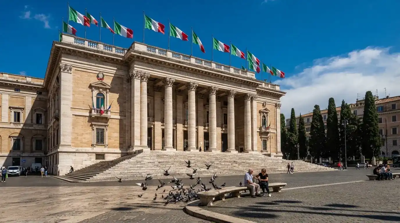 Palazzo istituzionale con bandiere al vento in una piazza soleggiata — 25, 30, 50, 100, 200 giri gratis senza deposito