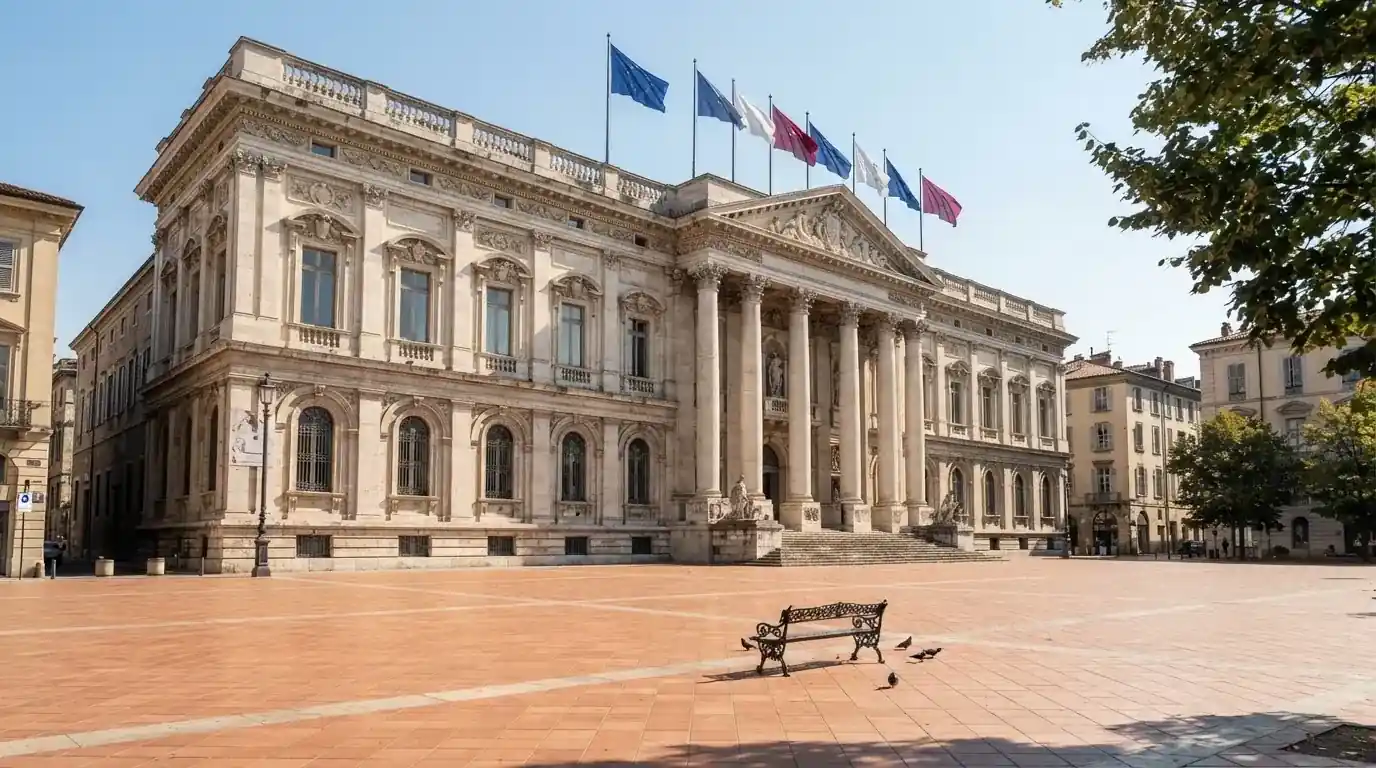 Palazzo istituzionale con bandiere al vento in una piazza soleggiata — 50 free spins senza deposito
