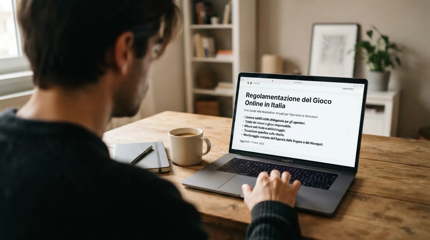 Persona davanti a un portatile che legge una pagina informativa sul gioco online in Italia — big time gaming live casino italia