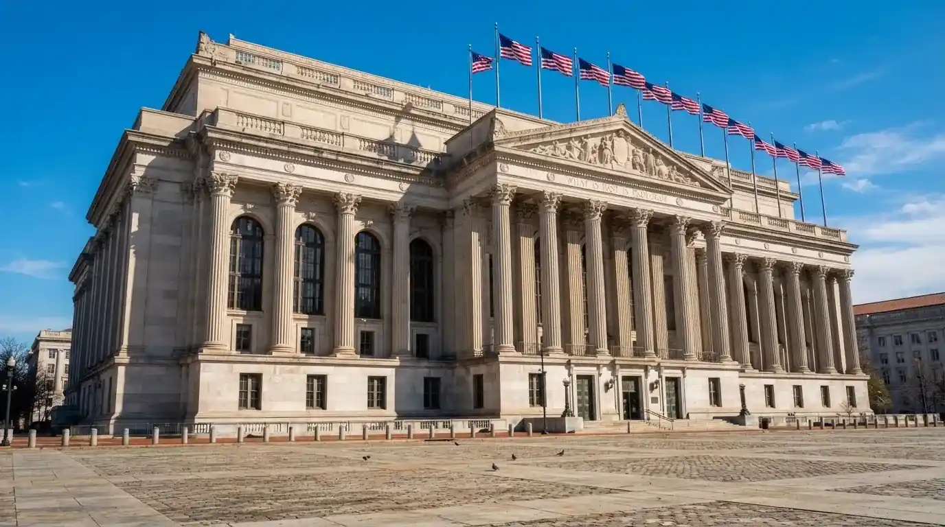 Palazzo istituzionale con bandiere al vento in una piazza soleggiata — casinò che accettano bitcoin