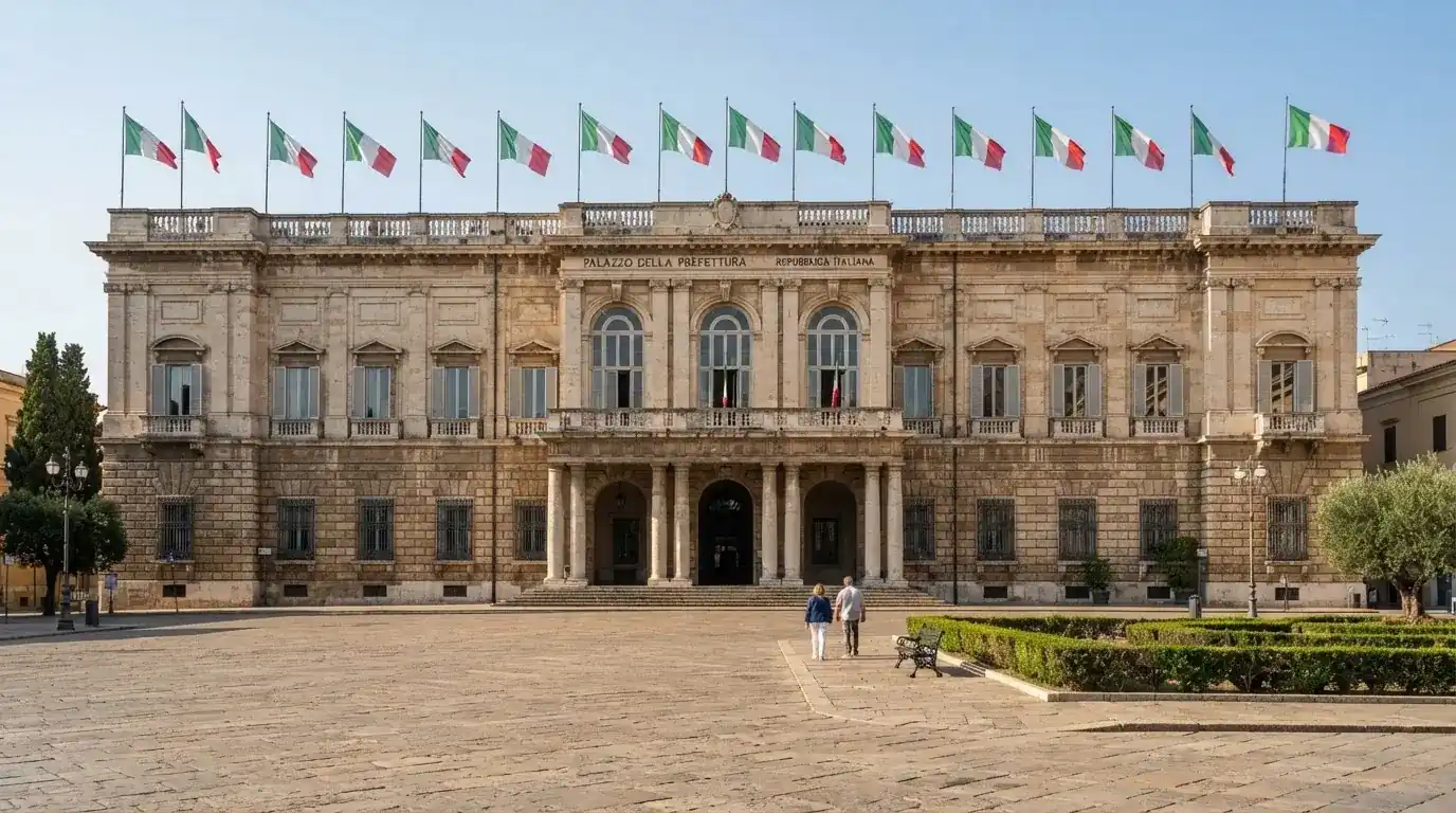 Palazzo istituzionale con bandiere al vento in una piazza soleggiata — casino com app android