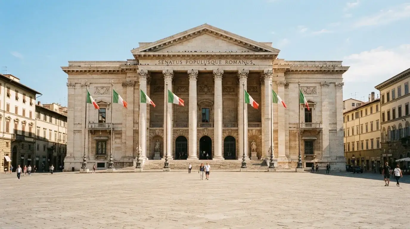 Palazzo istituzionale con bandiere al vento in una piazza soleggiata — casino com app iphone