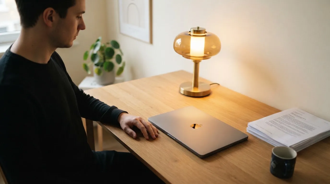 Una persona seduta a una scrivania minimalista con un laptop chiuso e una lampada accesa in un ufficio domestico ordinato.