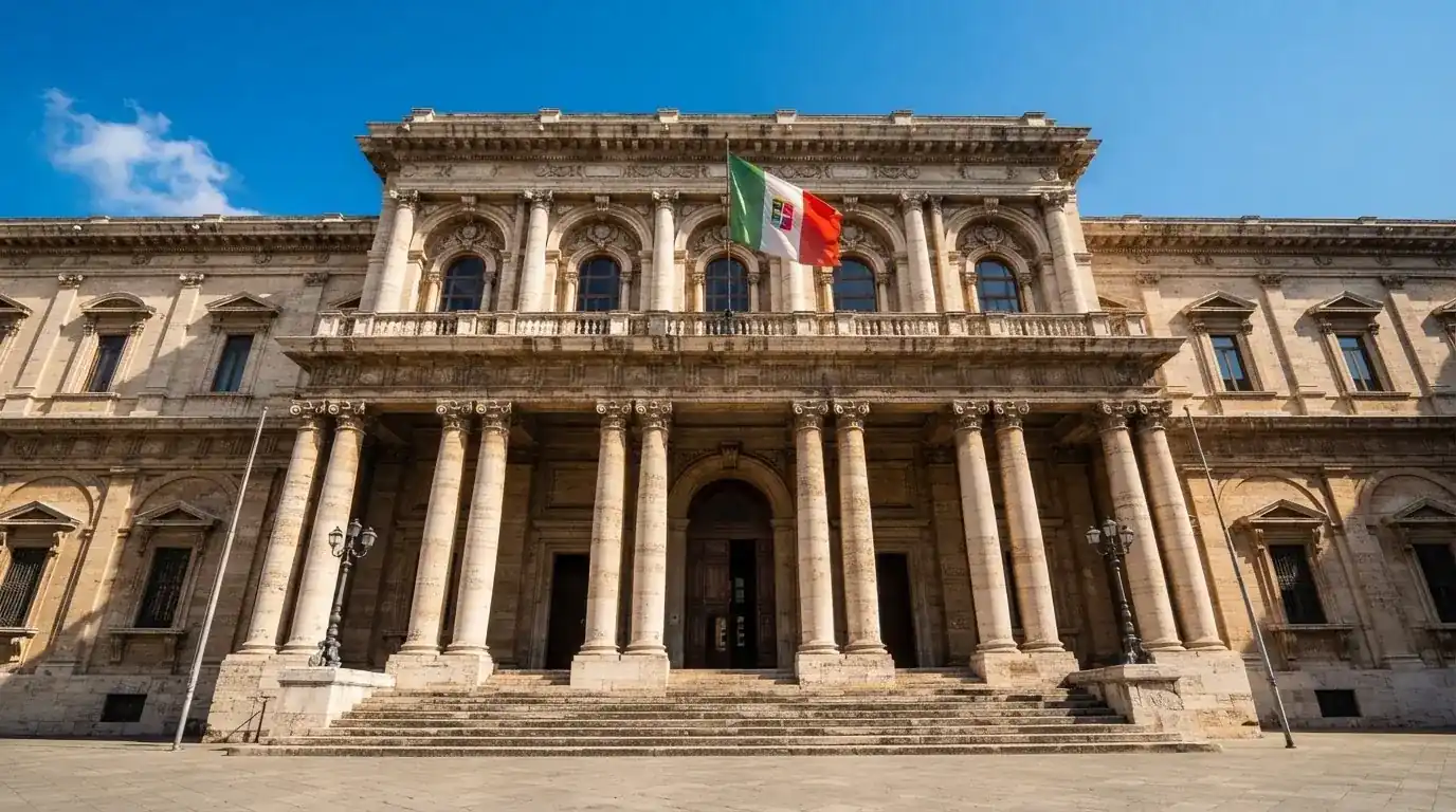 Un edificio governativo italiano con bandiera al vento fotografato dal basso in una giornata di sole.