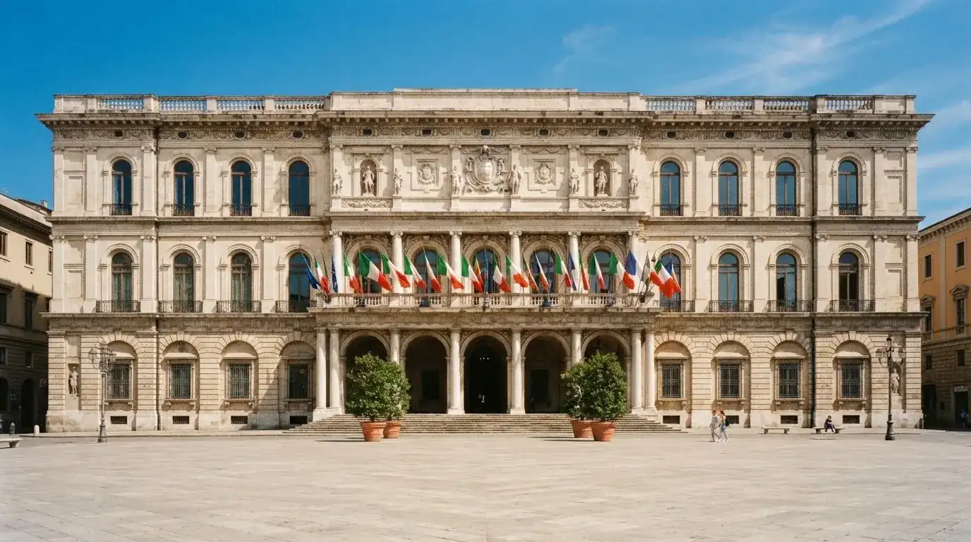Palazzo istituzionale con bandiere al vento in una piazza soleggiata — casino dal vivo online