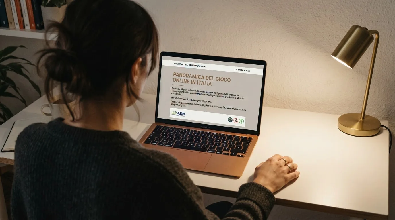 Persona davanti a un portatile che legge una pagina informativa sul gioco online in Italia — casino deposito minimo 1, 5, 10 e 20 euro