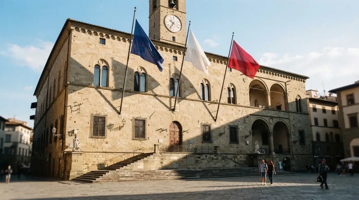 Palazzo istituzionale con bandiere al vento in una piazza soleggiata — casino deposito minimo 1, 5, 10 e 20 euro