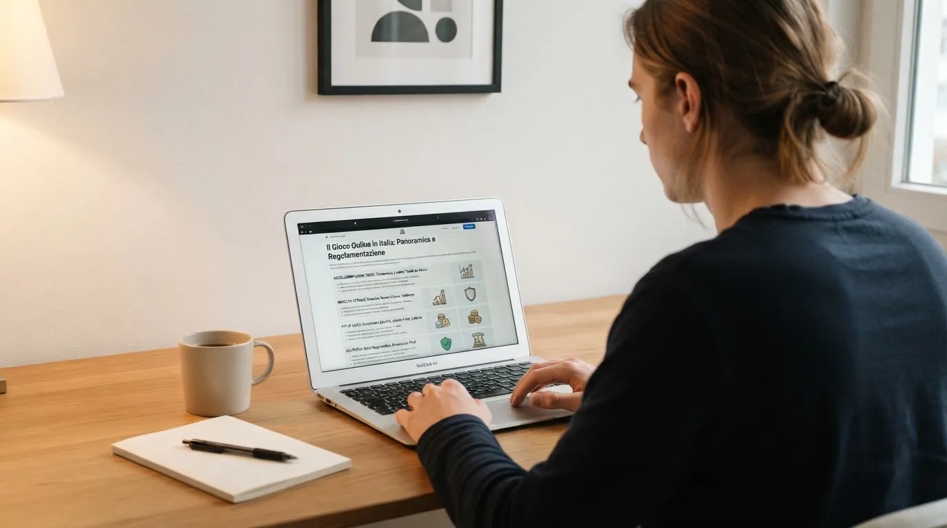Persona davanti a un portatile che legge una pagina informativa sul gioco online in Italia — casino deposito minimo 1 euro