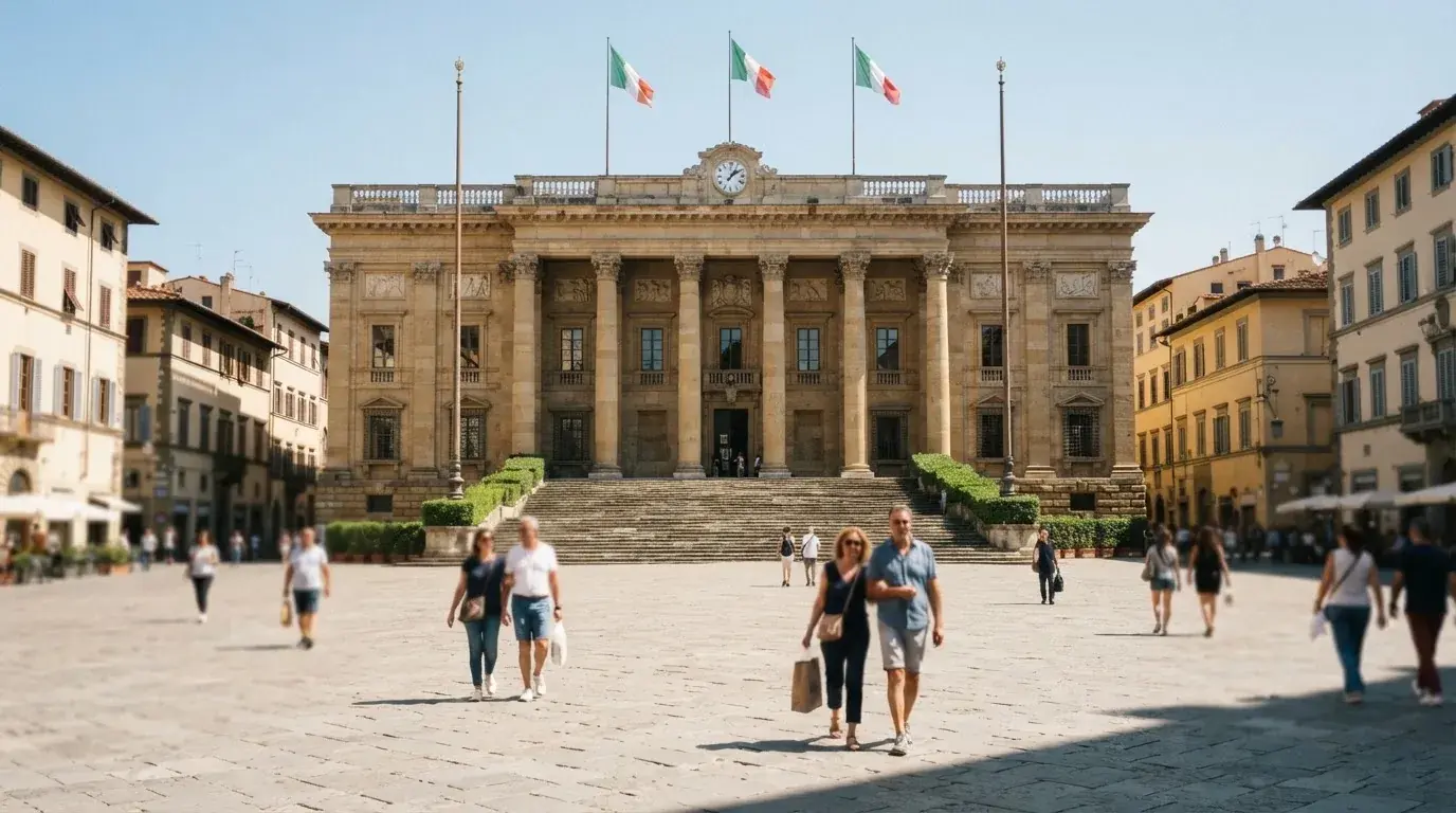 Palazzo istituzionale con bandiere al vento in una piazza soleggiata — casino deposito minimo 1 euro