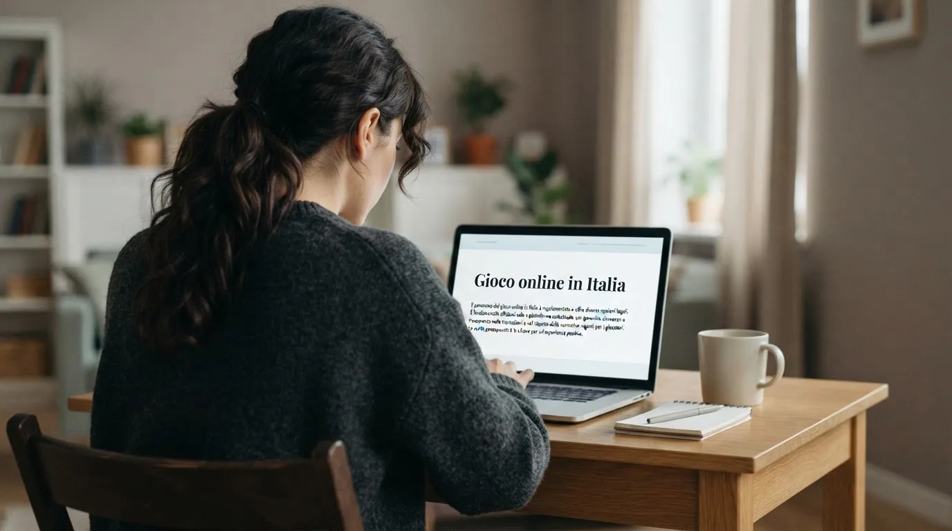 Persona davanti a un portatile che legge una pagina informativa sul gioco online in Italia — casino deposito minimo 10 centesimi