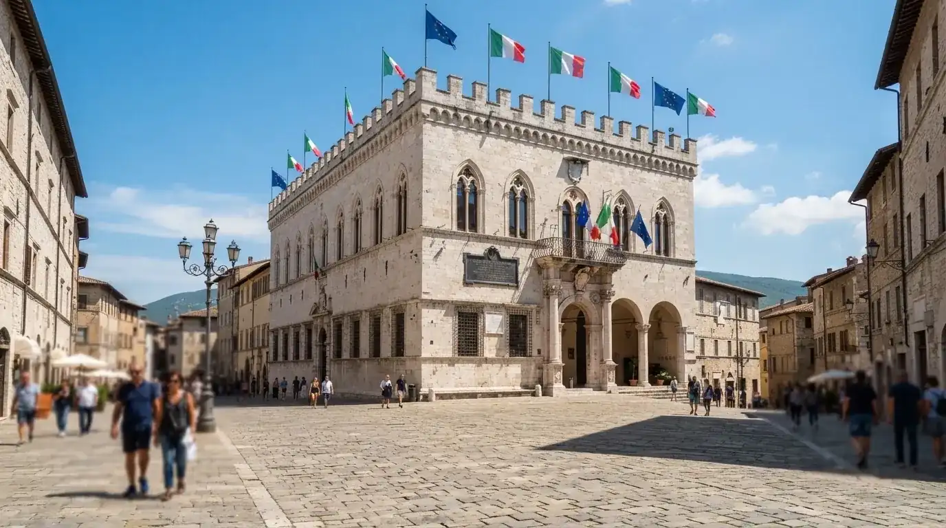 Palazzo istituzionale con bandiere al vento in una piazza soleggiata — casino deposito minimo 10 centesimi