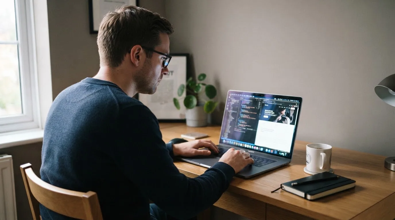 Un uomo seduto alla scrivania osserva pensieroso il monitor di un computer portatile, in una stanza ordinata con una tazza di caffè accanto.