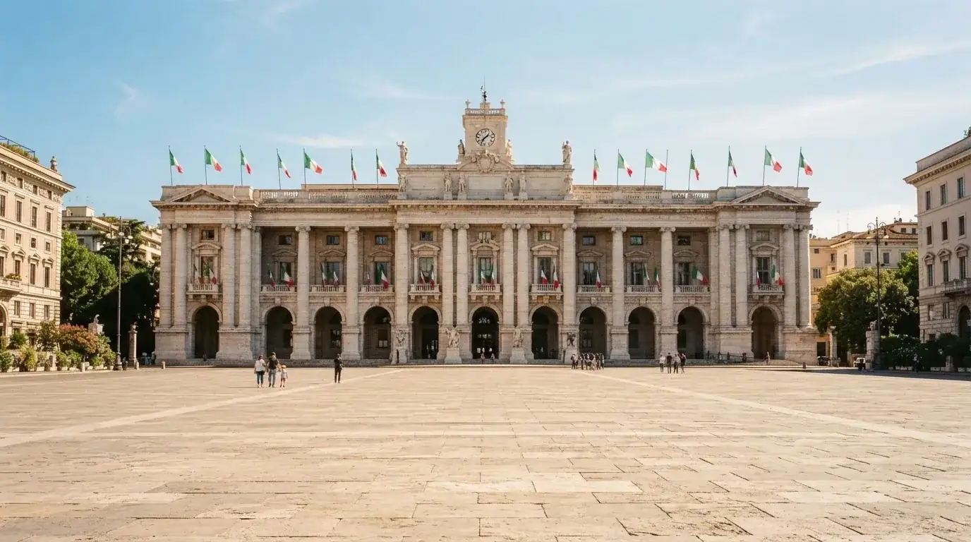 Palazzo istituzionale con bandiere al vento in una piazza soleggiata — casino metodi di pagamento italia
