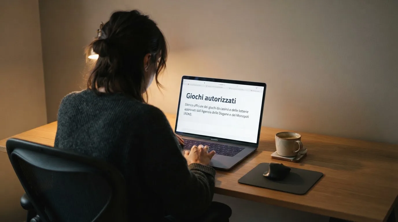 Persona davanti a un portatile che legge una pagina informativa sul gioco online in Italia — casino no adm