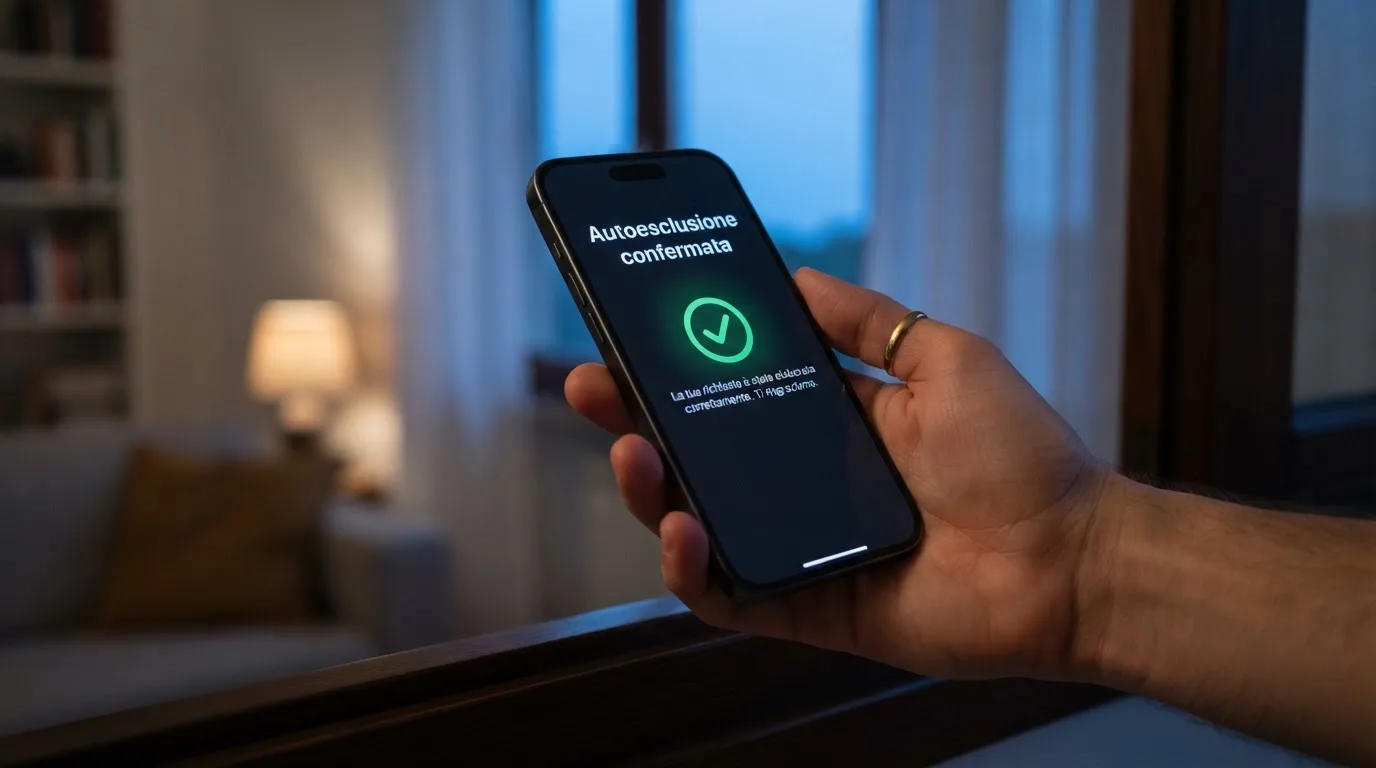 Mano che tiene uno smartphone accanto a una finestra, luce serale tranquilla — casino no adm