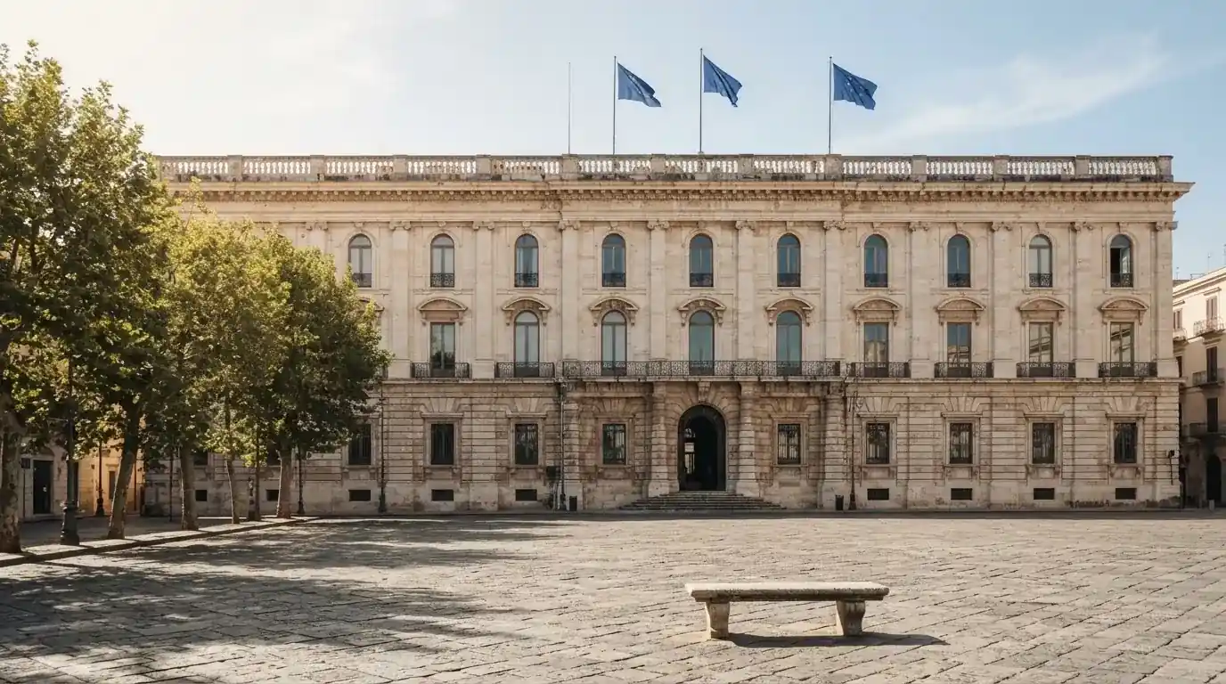 Palazzo istituzionale con bandiere al vento in una piazza soleggiata — casino non aams affidabili