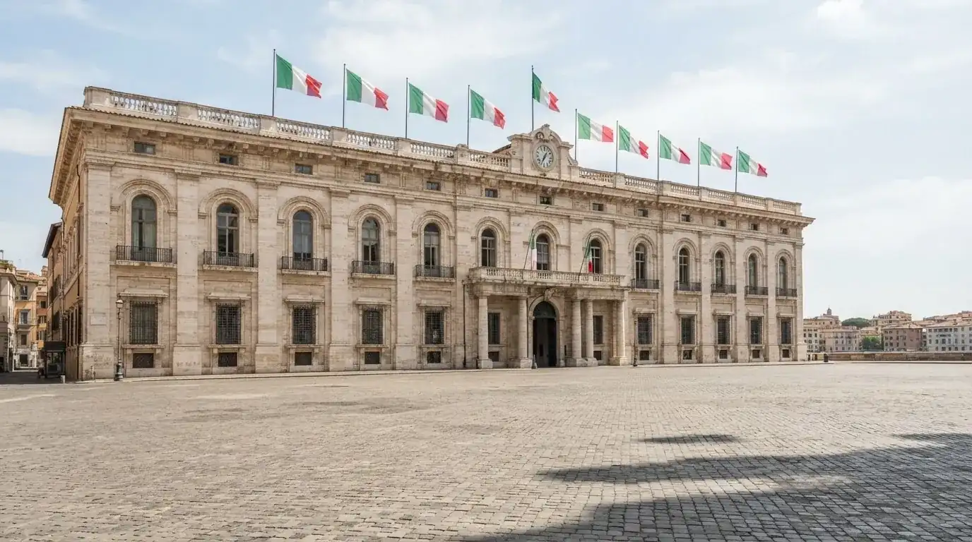 Palazzo istituzionale con bandiere al vento in una piazza soleggiata — casinò non aams che accettano dogecoin