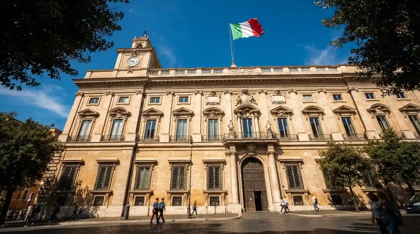 Un edificio governativo italiano con bandiera al vento fotografato dal basso in una giornata di sole.