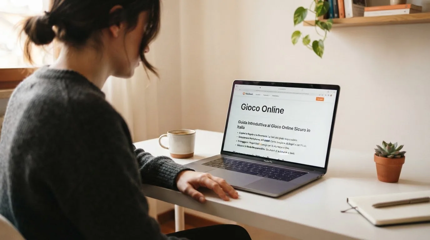 Persona davanti a un portatile che legge una pagina informativa sul gioco online in Italia — casino non aams che accettano postepay