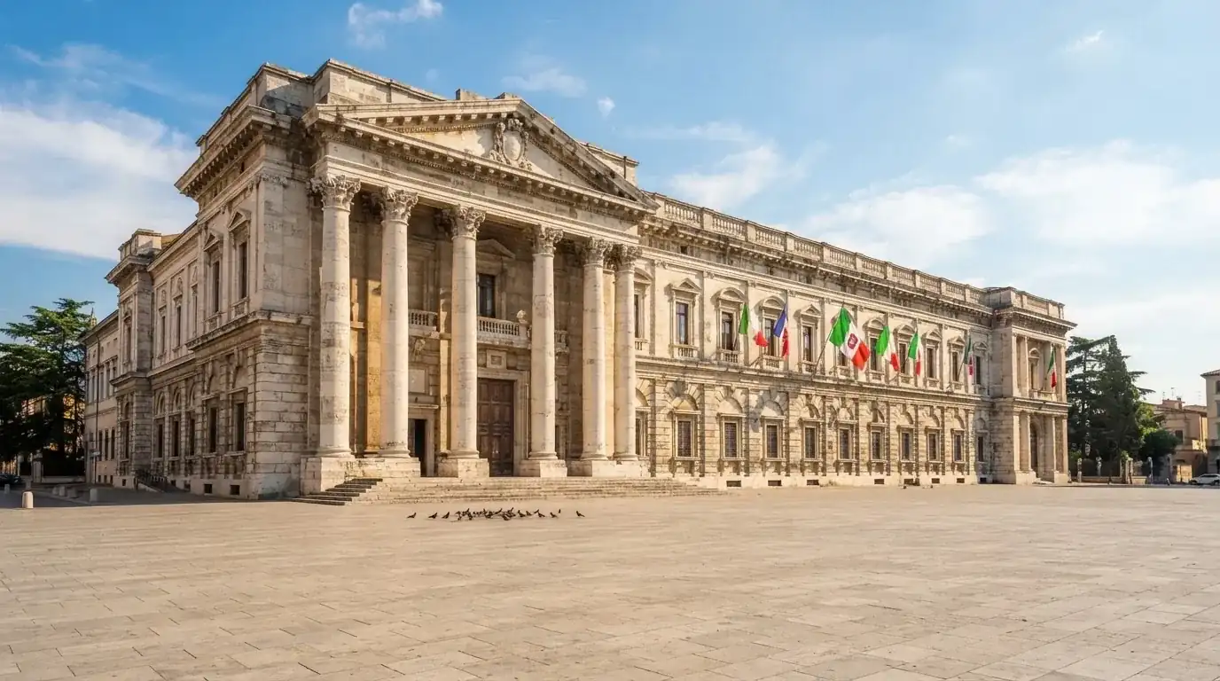 Palazzo istituzionale con bandiere al vento in una piazza soleggiata — casino non aams che accettano postepay