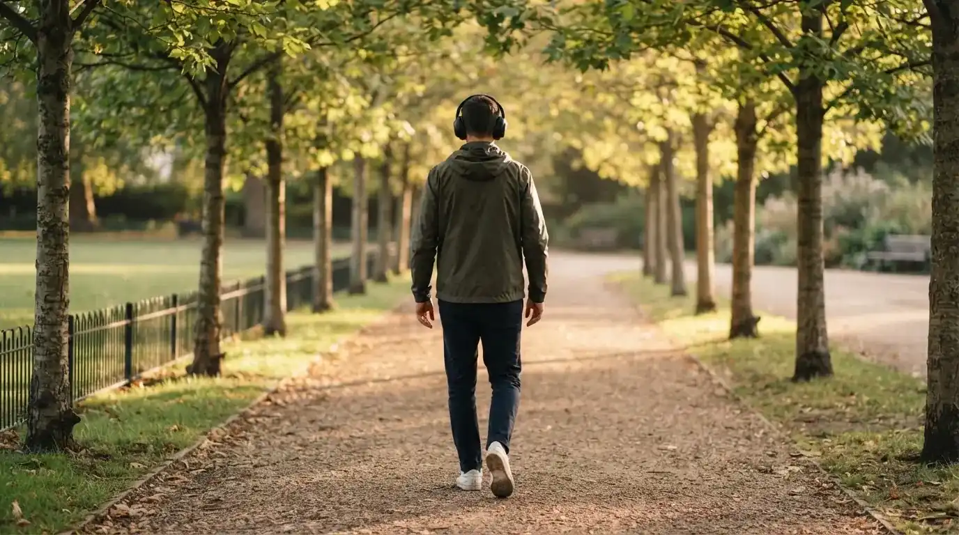 Un uomo cammina all'aperto in un parco cittadino indossando cuffie, lontano da qualsiasi dispositivo elettronico acceso.