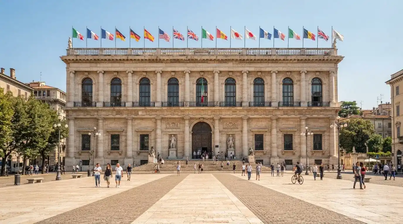 Palazzo istituzionale con bandiere al vento in una piazza soleggiata — casino online con algoritmo unbiased