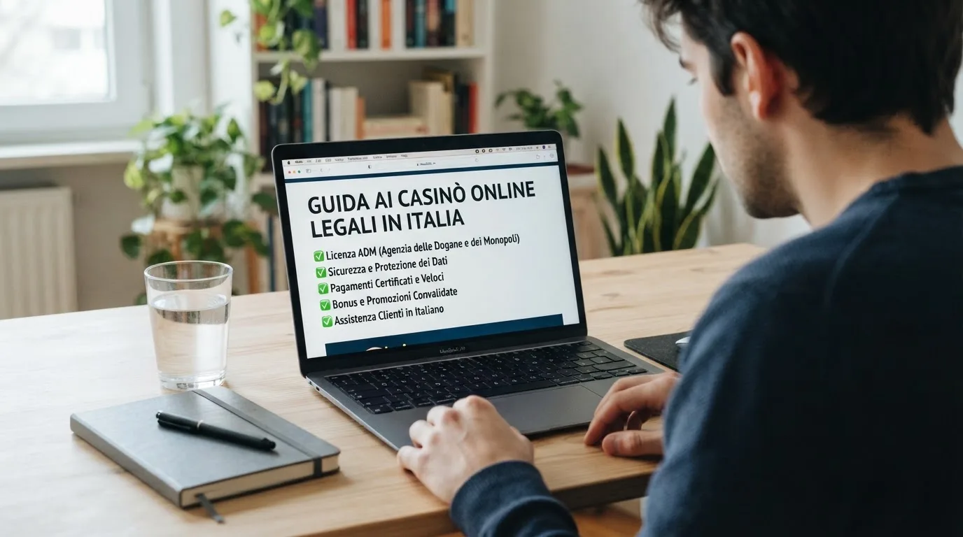 Persona davanti a un portatile che legge una pagina informativa sul gioco online in Italia — casino online con bonus crab