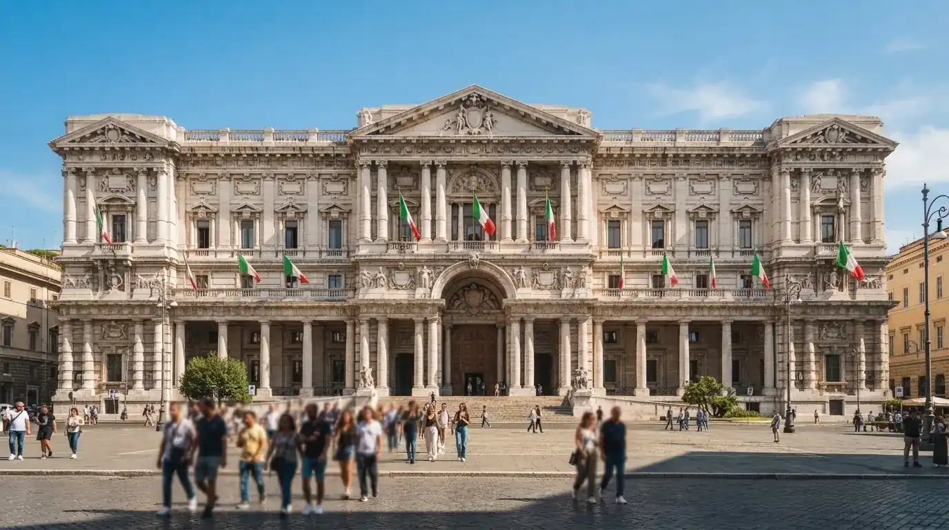 Palazzo istituzionale con bandiere al vento in una piazza soleggiata — casino online con bonus crab