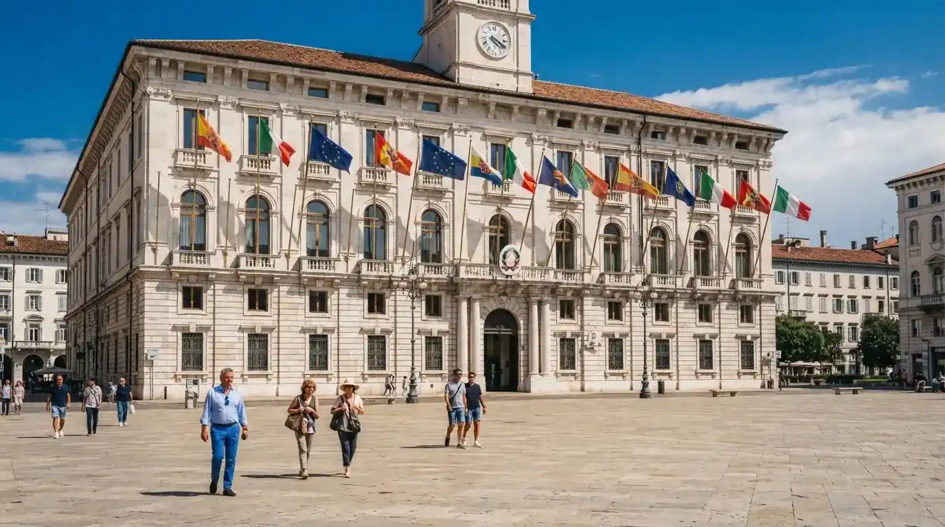 Palazzo istituzionale con bandiere al vento in una piazza soleggiata — casino online con cie