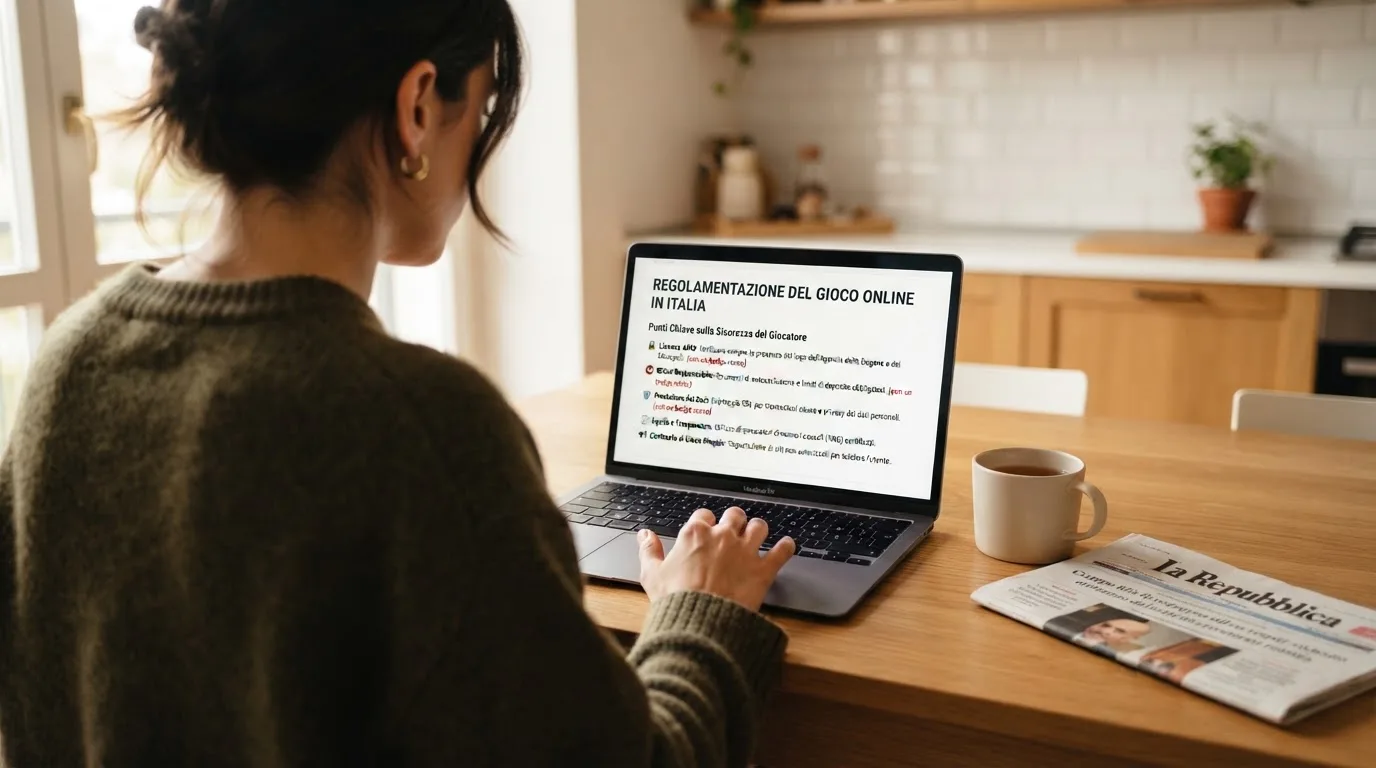 Persona davanti a un portatile che legge una pagina informativa sul gioco online in Italia — casino online con soldi finti