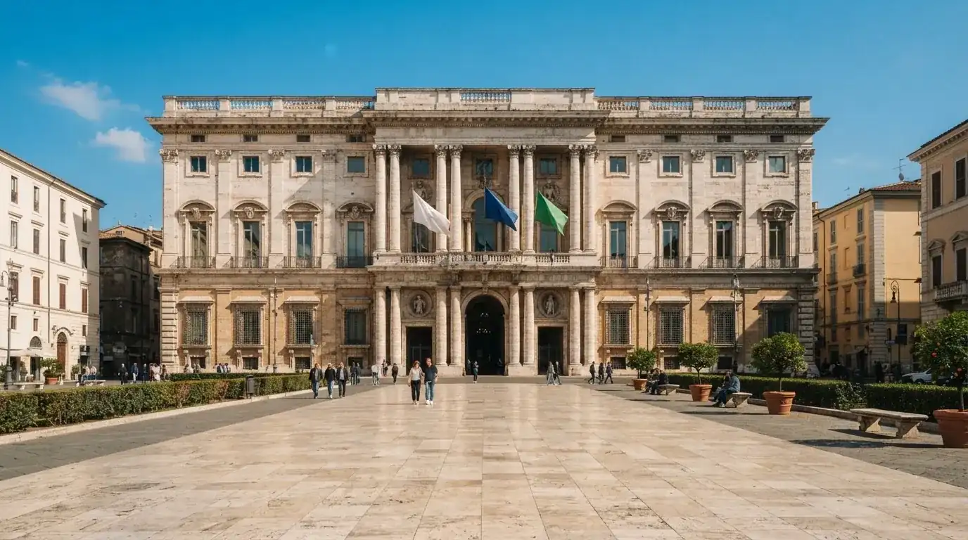 Palazzo istituzionale con bandiere al vento in una piazza soleggiata — casino online con soldi finti