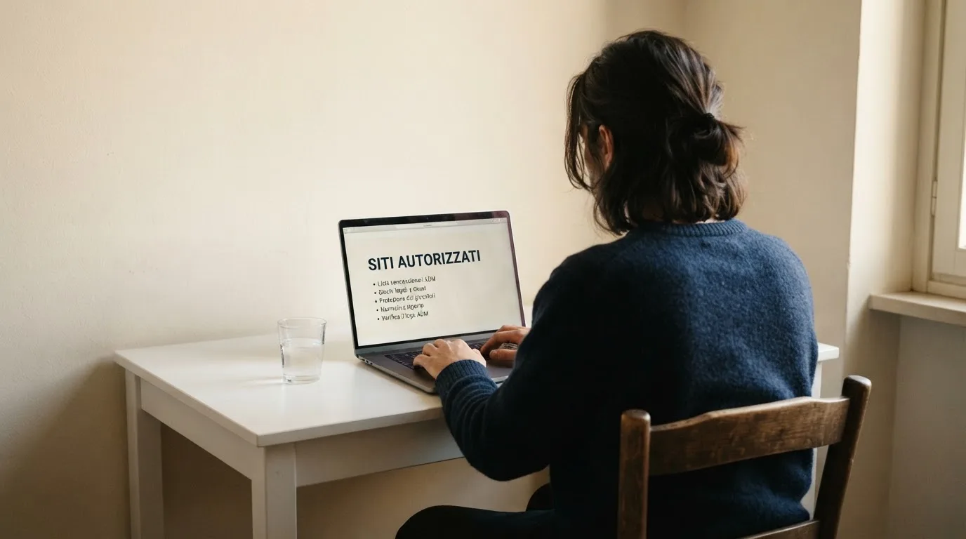 Persona davanti a un portatile che legge una pagina informativa sul gioco online in Italia — casino online italiani senza autoesclusione