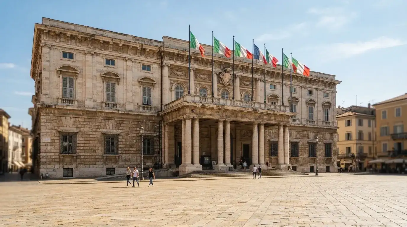 Palazzo istituzionale con bandiere al vento in una piazza soleggiata — casino online senza registrazione