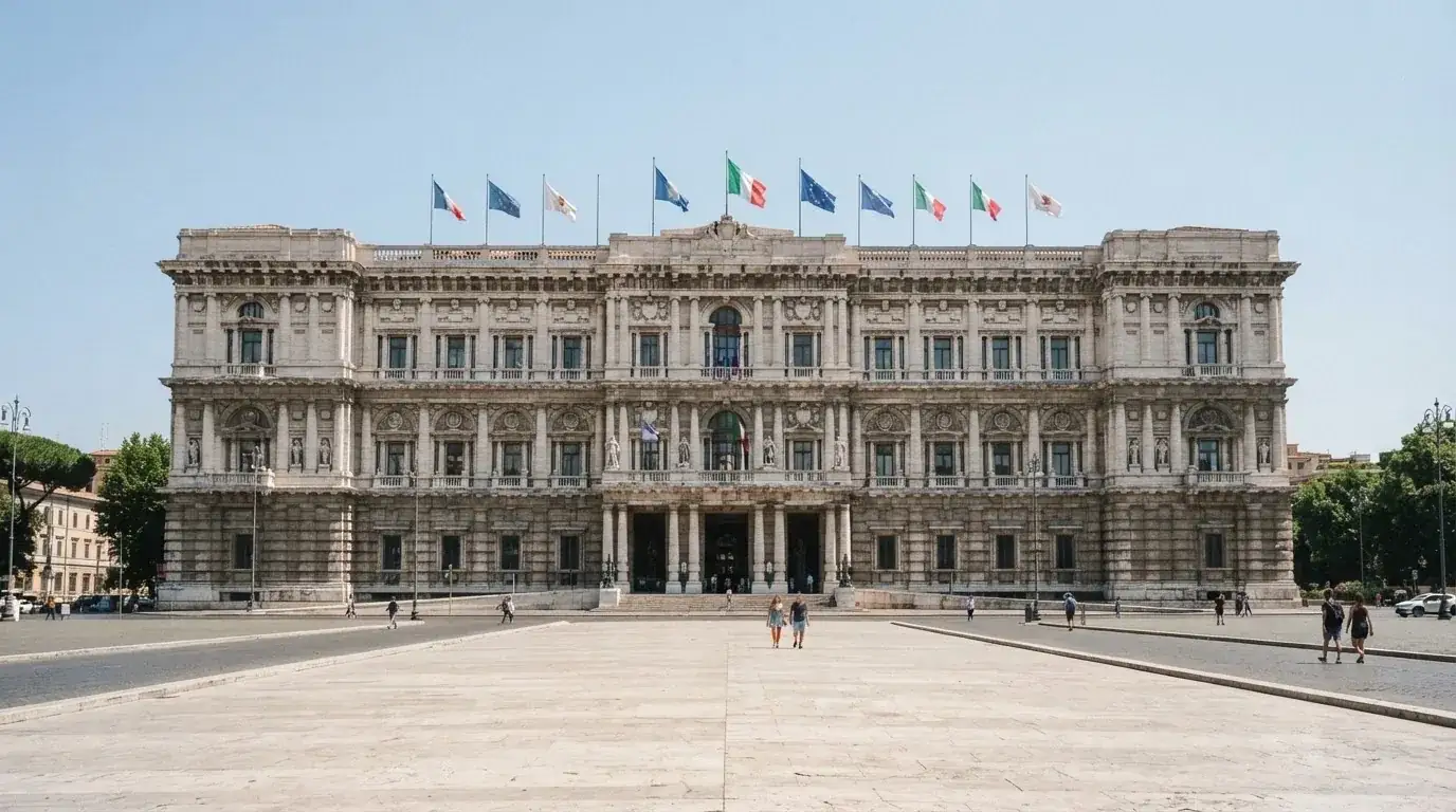 Palazzo istituzionale con bandiere al vento in una piazza soleggiata — casino senza codice fiscale