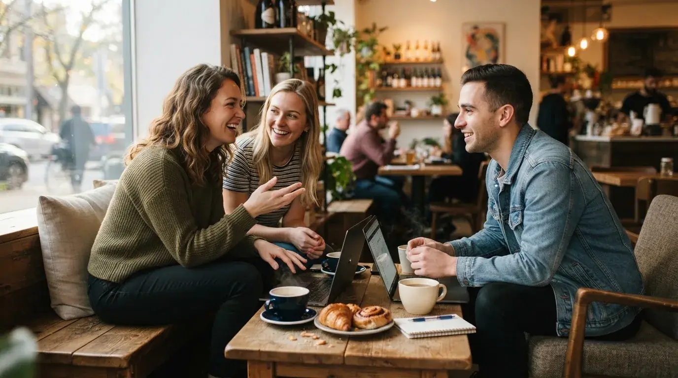 Un gruppo di tre persone confronta opinioni sorridendo attorno a un tavolo da caffè, con laptop e tazze fumanti davanti a loro.