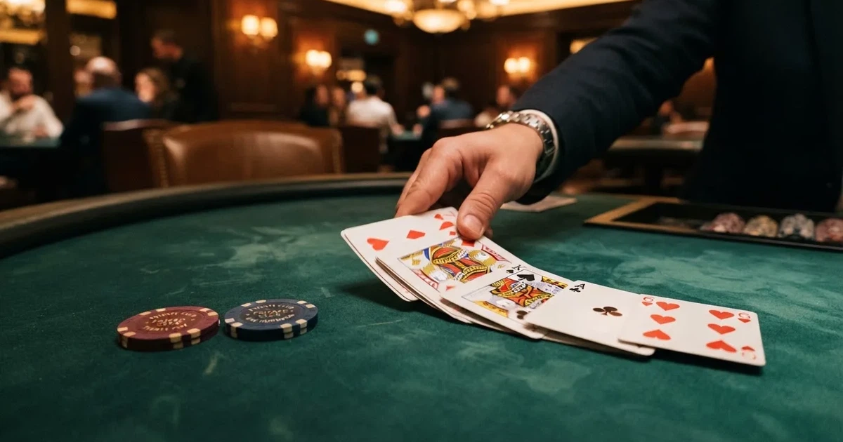 Un mazzo di carte da gioco sparso su un tavolo verde, con due mani che ne mescolano alcune in un locale elegante.