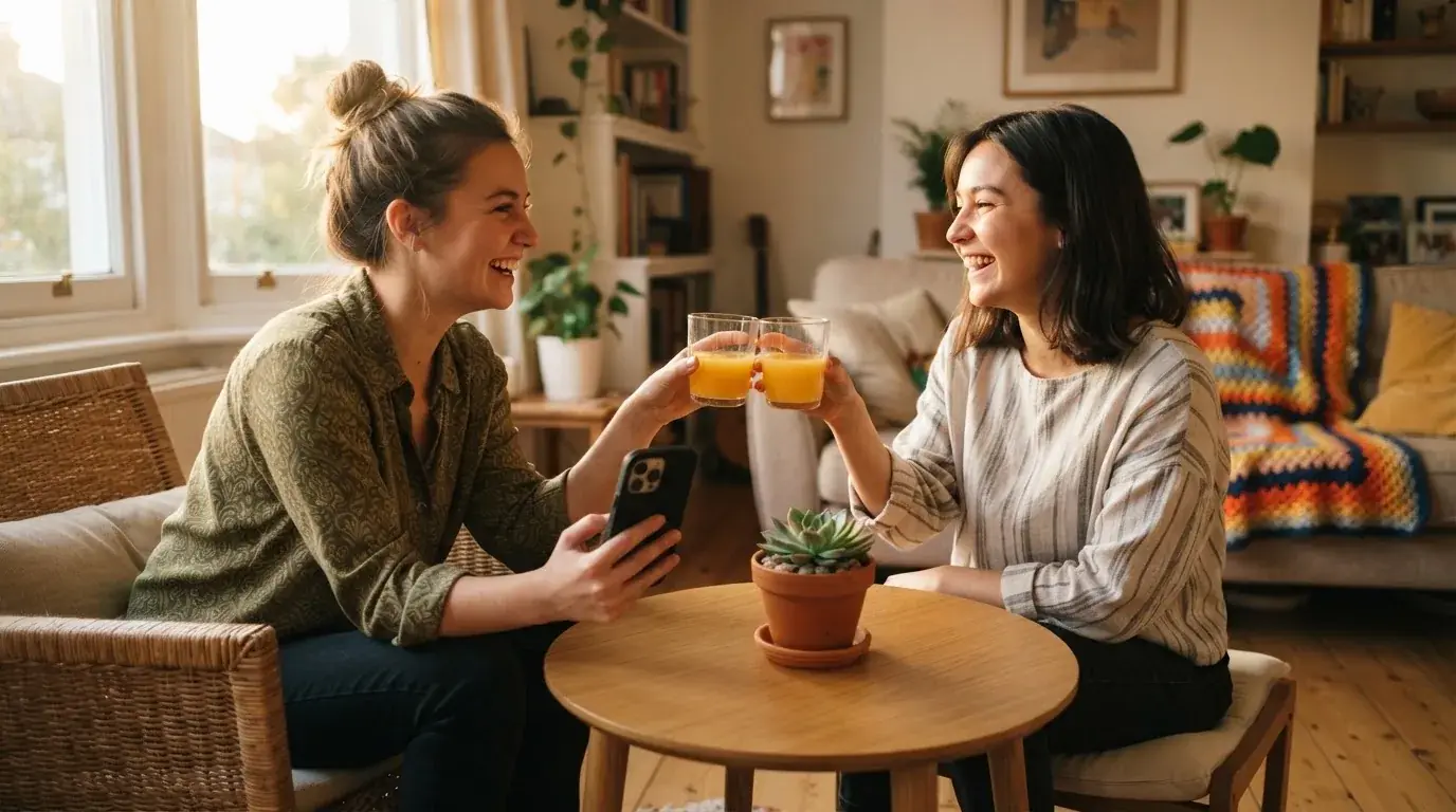 Due amici brindano con bicchieri di succo su un tavolino da salotto, sorridendo mentre uno tiene in mano uno smartphone.